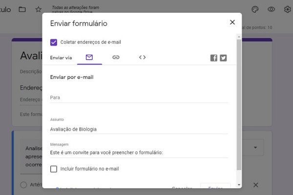  Compartilhe sua prova com seus alunos. (Reprodução Google Forms)