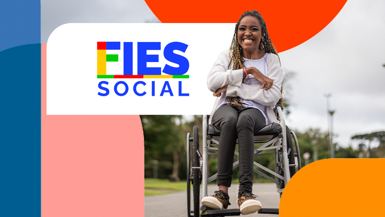 Mulher negra na cadeira de rodas com dizeres "Fies Social"