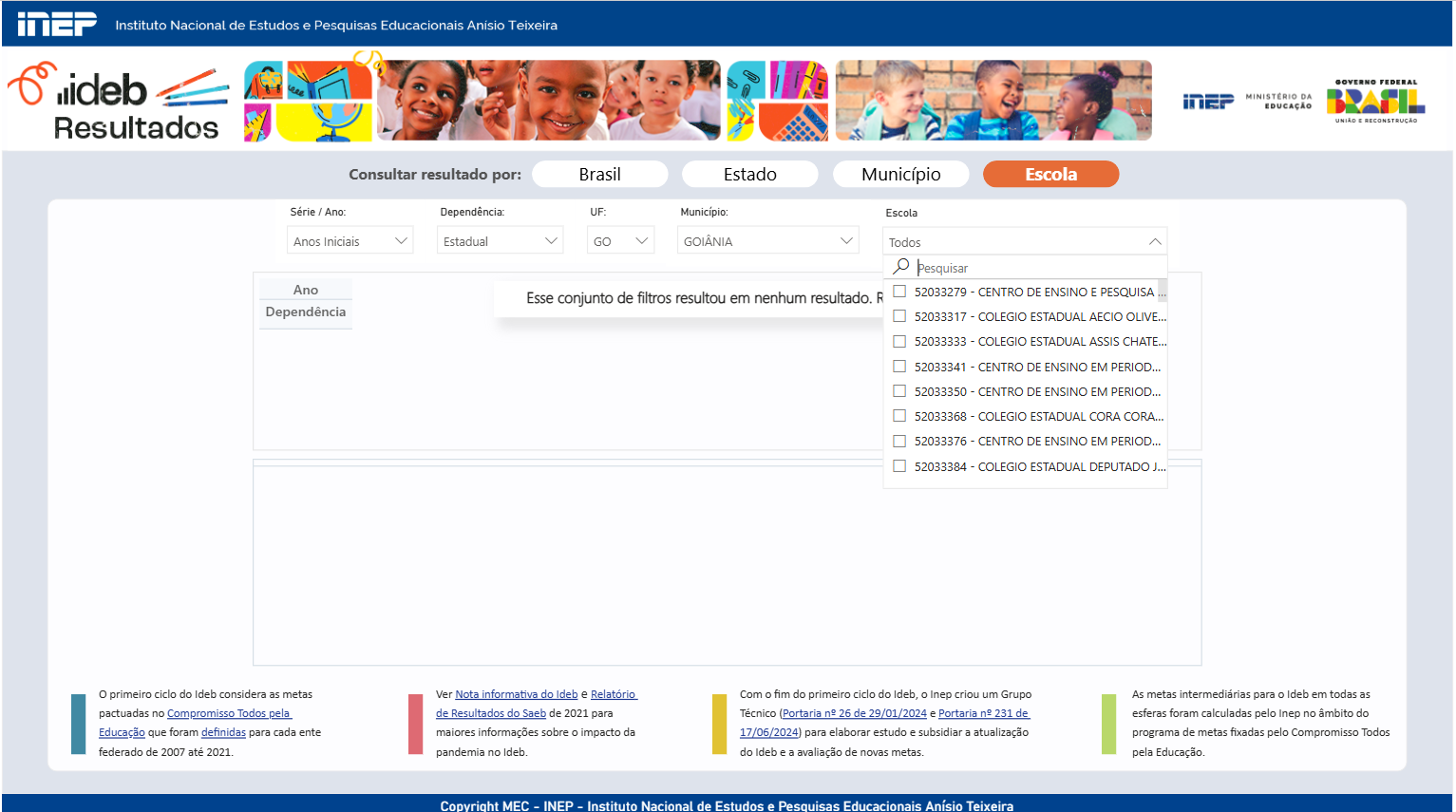 Print da p&aacute;gina onde constam as notas do Ideb.