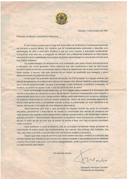 Documento de apresenta&ccedil;&atilde;o dos PCNs datado de 1997. [imagem_principal]