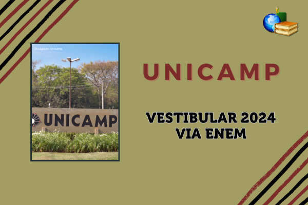 Fundo vermelho, foto do campus da Unicamp, texto Unicamp Vestibular 2024