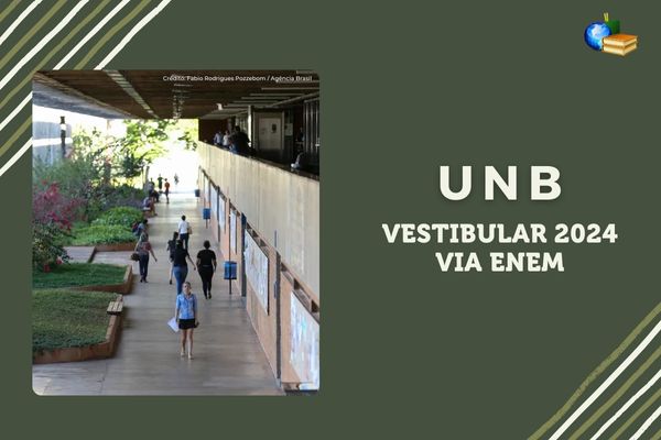 Fundo verde escuro, foto do corredor da UnB, texto UnB Vestibular 2024 via Enem