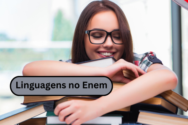 Estudante com óculos abraçada aos livros. Na imagem, está escrito: Linguagens do Enem