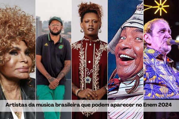 Fotos das e dos artistas brasileiros Elza Soares, Emicida, Liniker, Luiz Gonzaga e Zé Ramalho