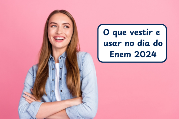 Mulher jovem com receio. Texto na imagem: 10 erros para evitar no Enem 2024.