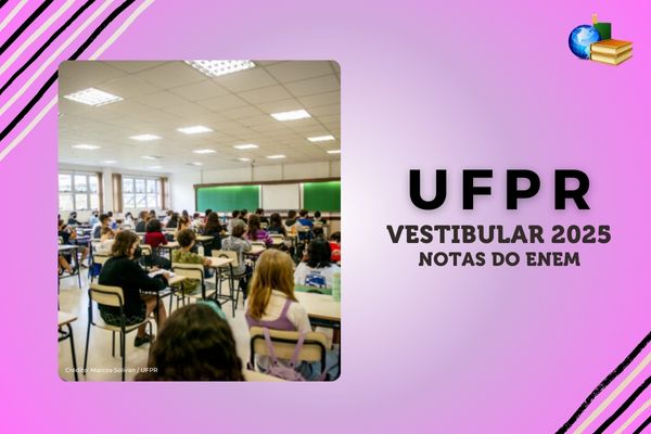 Fundo verde, listras cinza e branco, foto de estudantes em campus da UFSC, texto UFSC Vestibular 2025