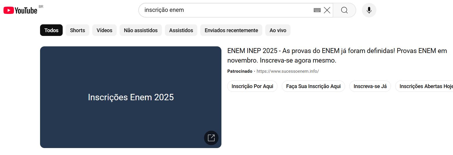 Golpe da inscrição do Enem 2025 aparece no Youtube