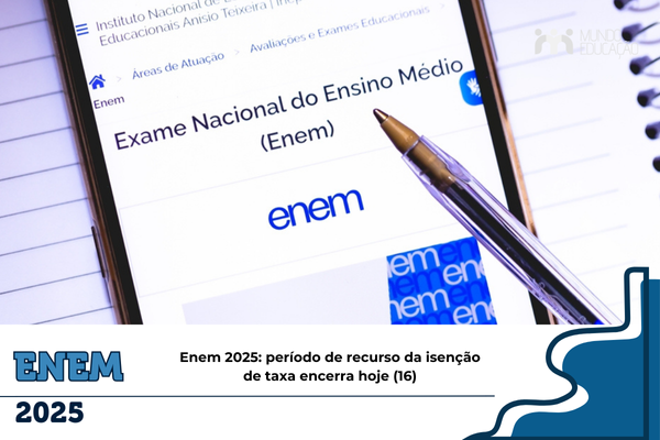 Isenção de taxa Enem 2025 Foto: Caneta na frente de um celular aberto na página do Inep. Texto: título da notícia