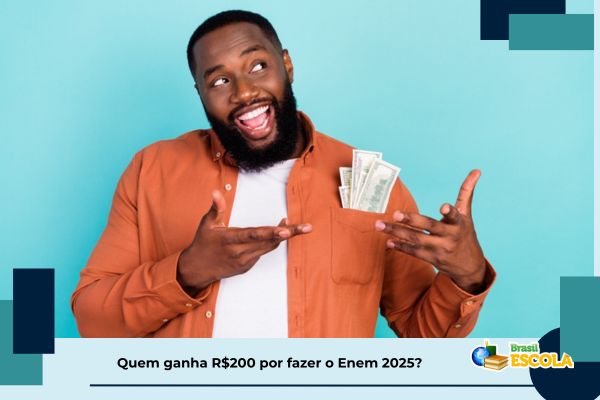 dinheiro-enem-quem-ganha Estudante mostra notas de dinheiro. Texto na imagem: Quem ganha R$200 por fazer o Enem 2025?