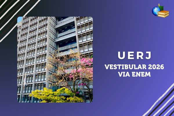 Vestibular 2026 via Enem da UERJ Fundo roxo, listras branco e preto, foto do campus da UERJ no Rio de Janeiro