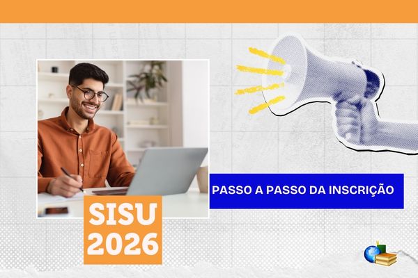 Foto de estudante sorrindo no comptador, texto SiSU 2026 Passo a passo da inscrição
