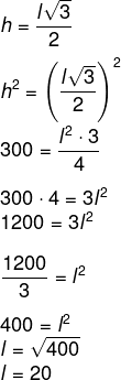 Cálculo utilizando a fórmula da altura de um triângulo equilátero para descobrir o comprimento do lado.