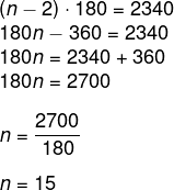 Resolução de questão calculando o número de lados de um polígono por meio da soma de seus ângulos internos, que é 2340°.