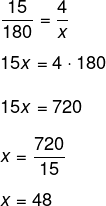 Cálculo para encontrar o menor ângulo de um triângulo por meio de proporção.