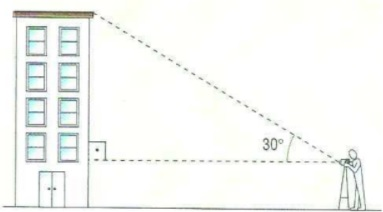 Ilustração de prédio formando um ângulo de 30º em relação à posição de uma pessoa que está utilizando um teodolito