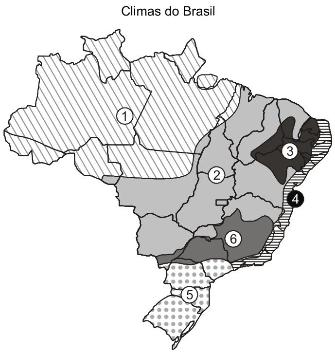Mapa com representação dos diversos climas nas regiões do Brasil.