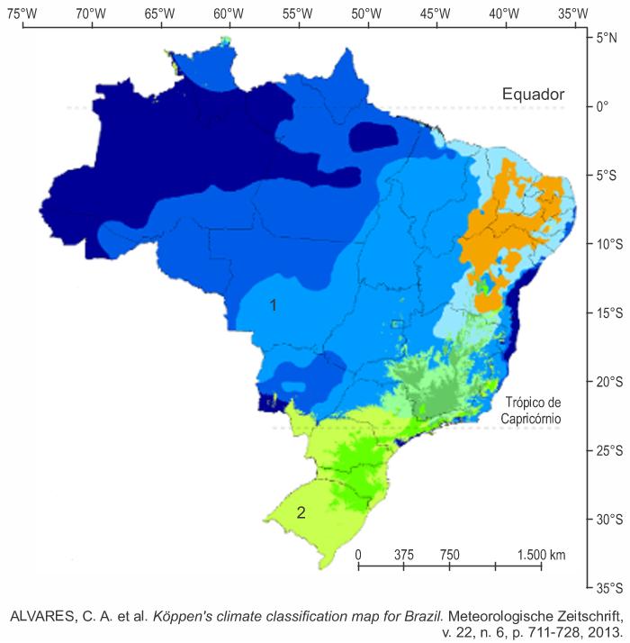 Mapa com representação em cores dos diversos climas do Brasil