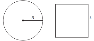  Ilustração de um círculo com raio R e de um quadrado com lado L que possuem o valor de área.