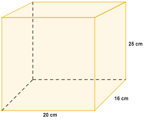Ilustração de um cubo amarelo com indicação do valor de sua altura, de sua largura e do seu comprimento. 