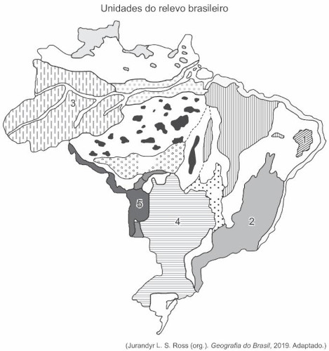 Mapa com unidades do relevo brasileiro.