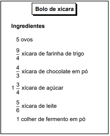 Ingrediente de uma receita de bolo de xícara em uma questão do Enem sobre divisão com vírgula.