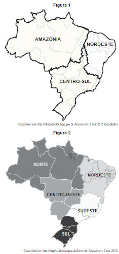 Figura com dois mapas do Brasil divididos por regiões em exercício do Enem PPL sobre divisão regional brasileira.