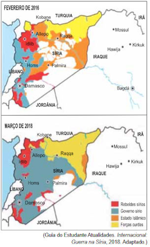 Mapas mostrando a Síria em 2016 e em 2018 em exercício sobre a geopolítica no Oriente Médio.