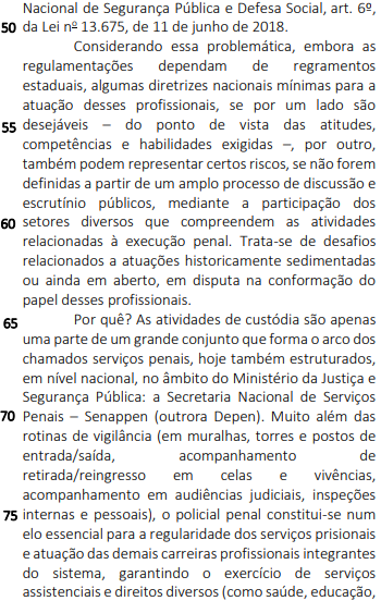 Parte três do texto “Regulamentação da Polícia Penal” em exercício da Coseac sobre conjunção subordinativa.