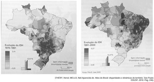 Mapas mostrando a evolução do IDH do Brasil entre os anos de 1970 e 1991 e de 1991 e 2000 em exercício do Instituto Mais.