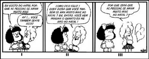 Mafalda e sua amiga dialogando em uma tirinha, em exercícios sobre pronomes.