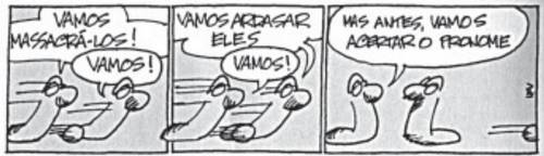 Duas minhocas dialogando sobre a posição certa dos pronomes em uma tirinha.