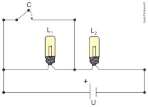 Circuito elétrico em um exercício da Uerj sobre circuitos elétricos simples.