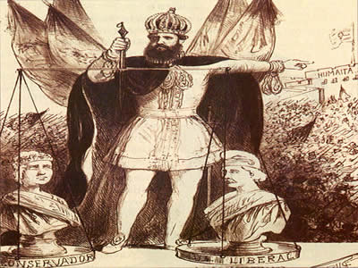 Charge de Henrique Fleiuss (1824-1882) retratando o imperador na busca de unidade política para a Batalha de Humaitá