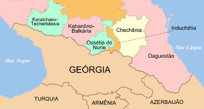 Mapa do Cáucaso, com as províncias russas ao norte e os países vizinhos ao sul ²