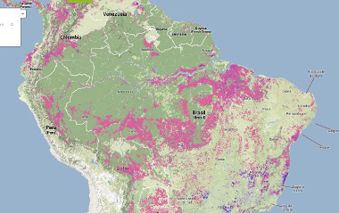 Mapa do desmatamento com foco no Brasil. Observe a mancha em direção à Amazônia