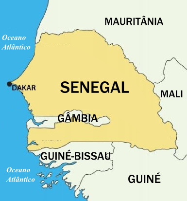 Mapa de localização do Senegal, na África Ocidental