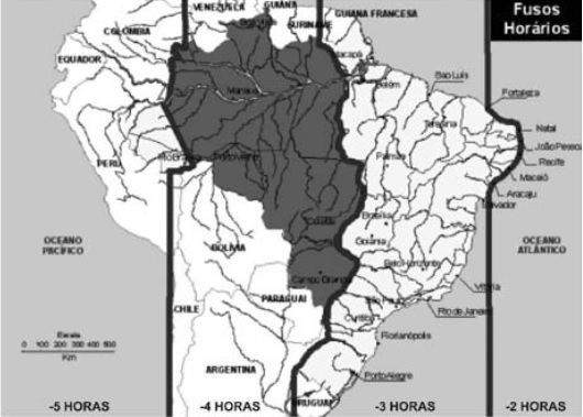 Mapa do Brasil com os fusos atuais