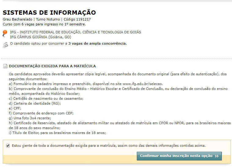 Print da tela mostra página  da inscrição do SiSU com as modalidades de concorrência.