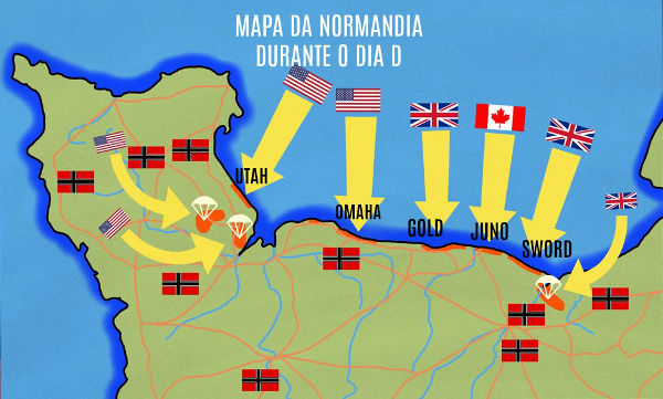 No mapa, podemos identificar as cinco praias designadas para o desembarque das tropas dos Aliados.