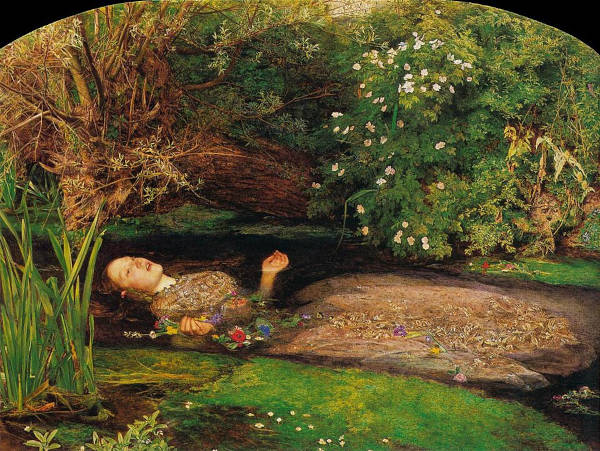 Pintura de Everett Millais retratando o afogamento de Ofélia de “Hamlet”.