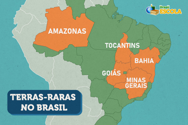 Mapa com a localização das terras-raras no Brasil.