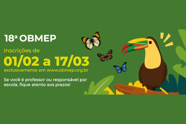 Campanha da Obmep 2023 na cor verde de fundo e ilustrações de tucano e borboletas