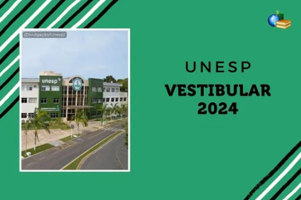 Fundo verde, listras branco e preto, foto do campus da Unesp. Texto Unesp Vestibular 2024