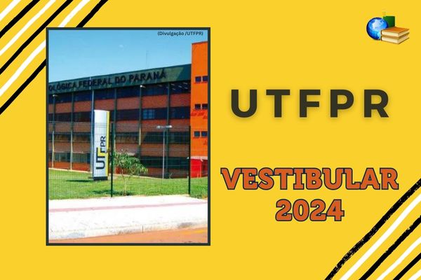 Fundo cinza, foto do campus da UTFPR, listras preto e verde escuro, texto UTFPR Vestibular 2024/2