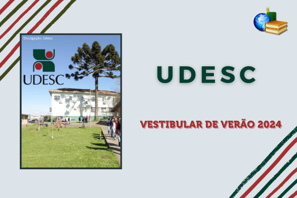 Campus da UDESC sob fundo verde escuro ao lado do texto Vestibular de Inverno 2024