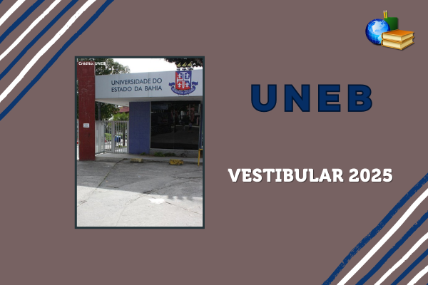 Campus da UNEB sob fundo marrom. Texto na imagem: "VESTIBULAR 2025"