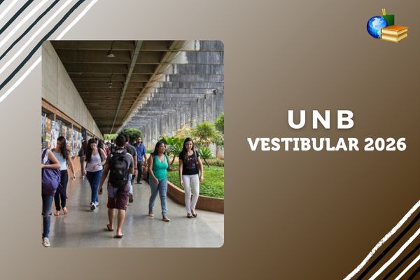Edital do Vestibular 2026 da UnB Estudantes caminhando em corredor de campus da UnB em Brasília.