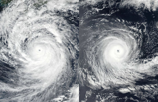 Ciclone no Hemisfério Norte e ciclone no Hemisfério Sul, eventos relacionados ao efeito Coriolis.