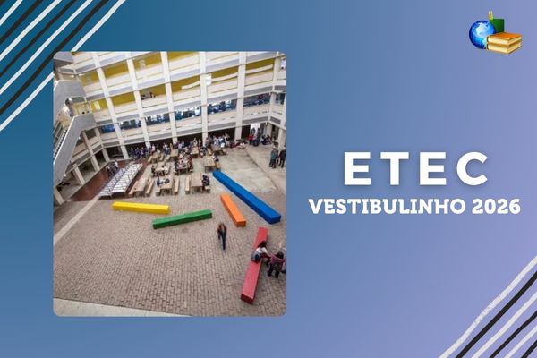 Vestibulinho 2026 da Etec SP Fundo azul e roxo claros, foto do campus da Etec SP, texto Etec Vestibulinho 2026